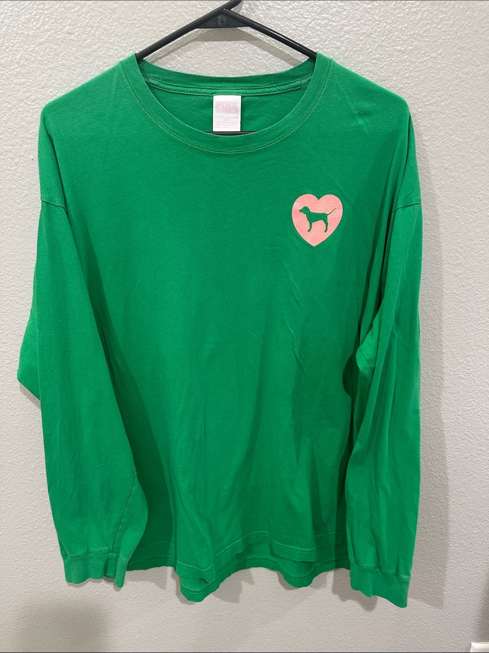 PINK Victoria's Secret Green Long-Sleeve Tee with Pink Heart Dog Graphic